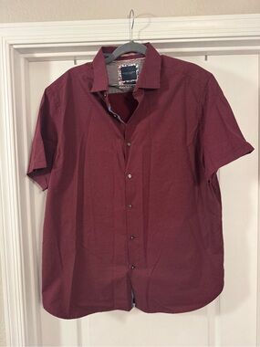 Denim & Flower Short Sleeve Button-Down Shirt in Burgundy Micro Dot 100% Cotton